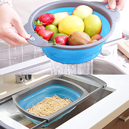 Huanlemai 3-Packs Blue Kitchen Collapsible Colander with Extendable Handles Over The Sink - BPA Free Silicone Folding Strainer for Draining Pasta, Vegetable, Fruit (6qt, 4qt, 2qt) - Thumbnail 6