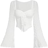 SOLY HUX Women's Long Bell Sleeve Tops Mesh Sweetheart Neck Going Out Crop Top Casual Asymmetrical T Shirts Tees