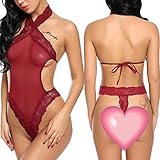 Avidlove Women Halter Lingerie Teddy Lace Mesh Babydoll Mini Bodysuit Dark Red M