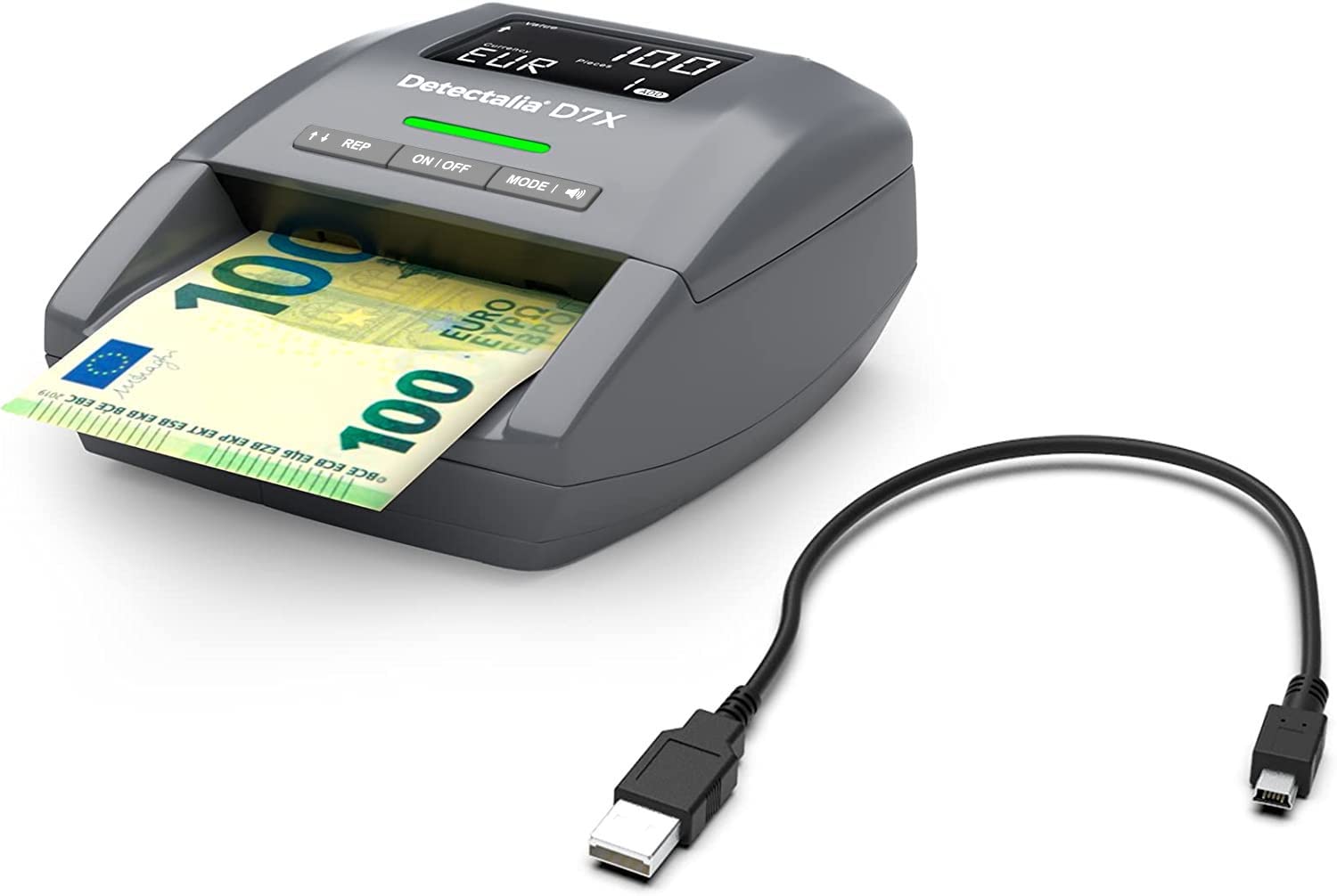 Detectalia D7X - Counterfeit Banknote Detector and Update Cable - Checks GBP, EUR, GBP, CHF, PLN, HUF, verifies in 0.5 Seconds, 100% Accurate, UK Plug