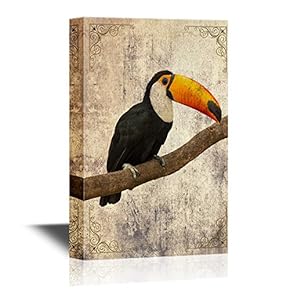 Birds and Poultry Canvas Wall Art - Toucan Standing on The Branch - Retro Style Gallery Wrap Modern Home Art | Ready to Hang - 12x18 inches