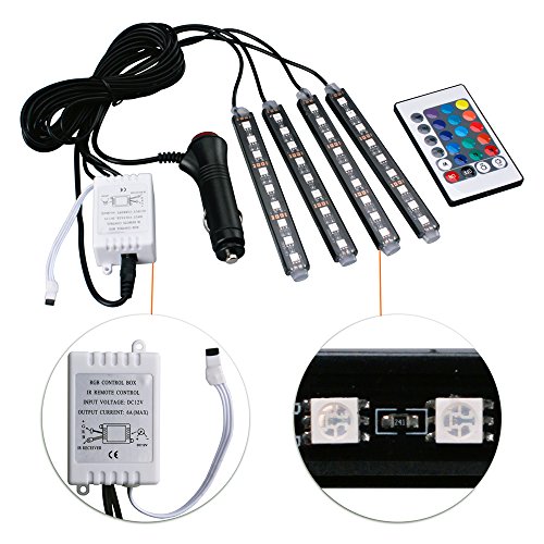 LED Interior Car Lights - HenLight 4pcs 7 Color RGB 36 LED Decorative Atmosphere Neno Lights Strip Waterproof Underdash Lighting Kit with Wireless Remote Control and Car Charge