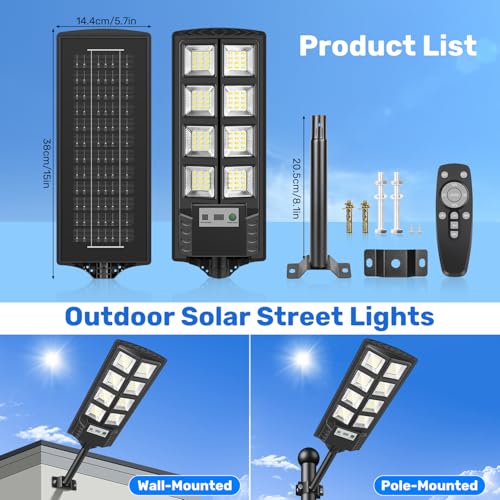 PEAKRO Farolas Solares Exteriores 2 Pack, Potente 600W Farola Solar con Sensor de Movimiento,Control Remoto, 6500K IP65 Impermeable Foco Solar Lampara LED Luz de Seguridad para Jardín, Patio, Garage