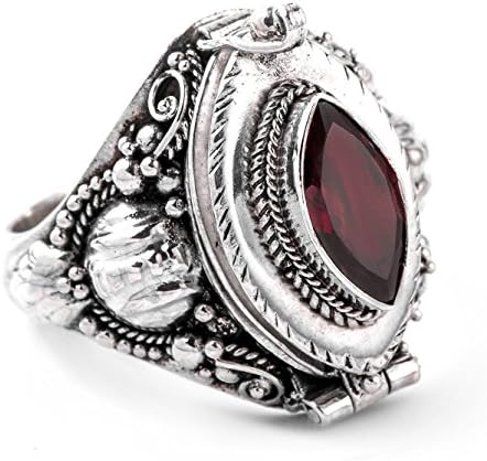Windalf Medieval Poison Ring with Garnet Adûnai: H: 2 cm – Hand Crafted in 925 Sterling Silver (R191)
