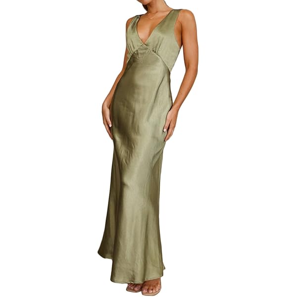 Amazon.com: Womens Elegant Satin V Neck Backless Sleeveless Maxi Dress Silk  Tie Low Back Formal Cocktail Dresses Wedding Guest Aqua : Clothing, Shoes &  Jewelry