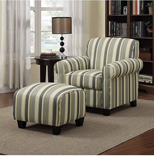 Portfolio Mira Living Room Upholstered Comfortable Blue Stripe Arm Chair and Ottoman