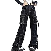 RILGOU Y2K Gothic Grunge Casual High Waisted Loose Straight Wide Leg Multi Pockets Vintage Black Denim Cargo Pants
