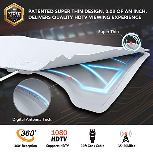 [2020 Version] TV Antenna,ANTOP Super Thin HDTV Digital Indoor Antenna Smartpass Amplifier 360 Reception Support 4K 1080p VHF UHF Free Television Local Channels 4G LTE Fliter,10ft Longer Coax Cable