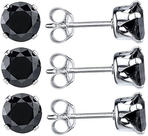 Sterling Silver 4mm Round Black CZ Stud Earrings, Pack of 3