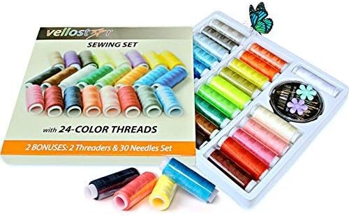 Polyester Sewing Thread Kit with 24 Assorted Color Threads - 200 Yards Per Spool. Hand Sewing Supplies Easy to Use, Accessories - 30 High-Grade Gold Tail Needles & 2 Threaders Included
