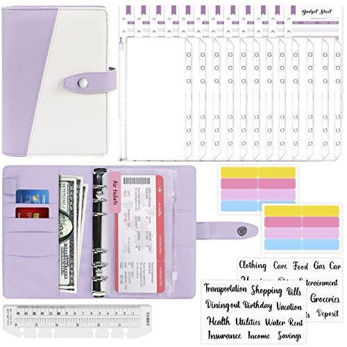 Mlife Cash Envelopes Budgeting, Budget Binder, 30Pcs Ring Binder Set Zipper Envelopes, Budget Sheets and Label Stickers,A6 Binder Money Saving Envelopes Organizer(Purple+White) (BP04-PL)