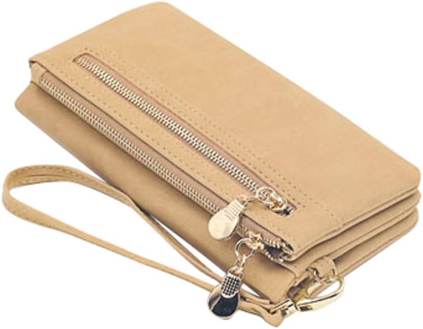 AchidistviQ Fashion Dual-Zipper Matte Faux Leather Women Long Purse Cash Card Clutch Bag Double Zip scrub wallet PU ladies long wallet scrub European clutch bag Beige