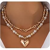 Chunky Gold Heart Necklaces for Women Aesthetic Y2k Pearl Heart Pendant Necklaces Stackable Punk Beaded Thorn Choker Necklace Trendy Jewelry Gifts