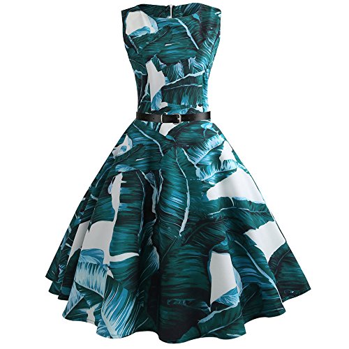 iZHH Women Fashion Vintage Print Dirndl Casual Simple Evening Party Prom Swing Dress Belt(Green,XL) - Thumbnail 7