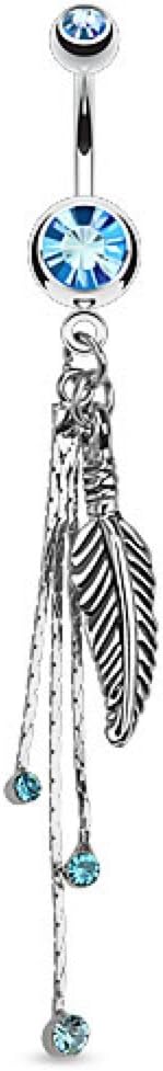 Dynamique 14g Feather and Chains with CZs Dangle Belly Button Ring 316L Surgical Steel (Sold per Piece)