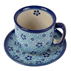 Traditional Polish Pottery, Handcrafted Ceramic Coffee Cup and Saucer 275ml, Boleslawiec Style Pattern, F.201.Flow