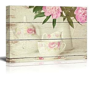 Tea Set and Floral Arrangement - Tea Party - Rustic Floral Arrangements - Wood Grain Antique - Canvas Art Home Art - 12x18 inches