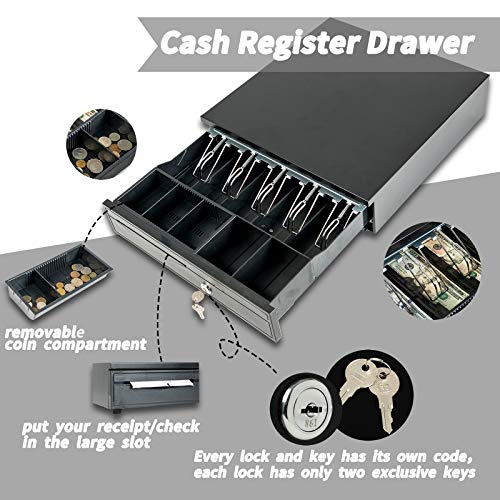 Nurxiovo Cash Register 16" Drawer Box 5Bill/5Coin Portable Money Lock Storage with Removable Tray, RJ11/RJ12 Interface Works Compatible Epson POS Printers Cash Box (Black)