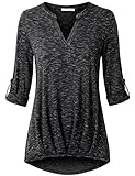Messic Women's Split Neck 3/4 Roll-Up Sleeve Front Pleated Loose Knitted Tunic Shirt