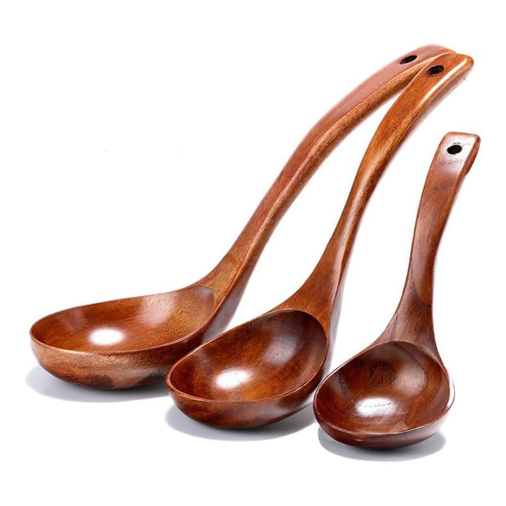 Qarmijaer 3-Piece Modern Wooden Ladle Spoon Set: Non-Stick, Long Handle, Easy to Clean