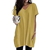 Poetsky Summer Womens Tunic Tops for Leggings with Pockets Vneck Short Sleeve Casual Long T Shirts S-3XL