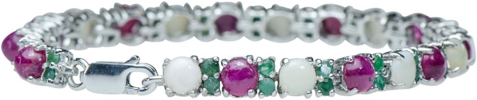 Caratera Beautiful Natural Australian Opal Ruby Emerald Stationed Bracelet 925 Silver