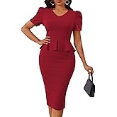 Mokayee Womens Summer Puff Sleeve V Neck Peplum Church Business Work Pencil Dresses