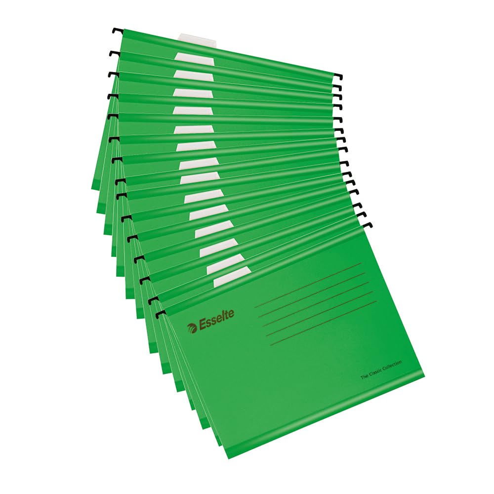 Esselte A4 Reinforced Filing Cabinet Suspension File, Pack 15, Made from Strong 100% Recycled Card, with Tabs and Card Inserts, for Home, Office, School Organisation, Green