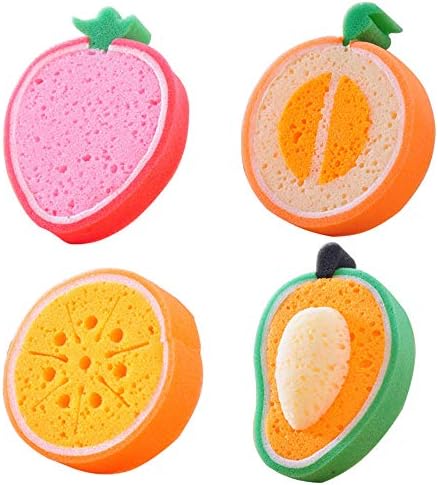 GZQ 4 Pcs Bath Sponge Cute Fruit Shaped Cleaning Sponge Kitchen Clean Tools Soft Foam Shower Scrubbers Sponge for Kids Children