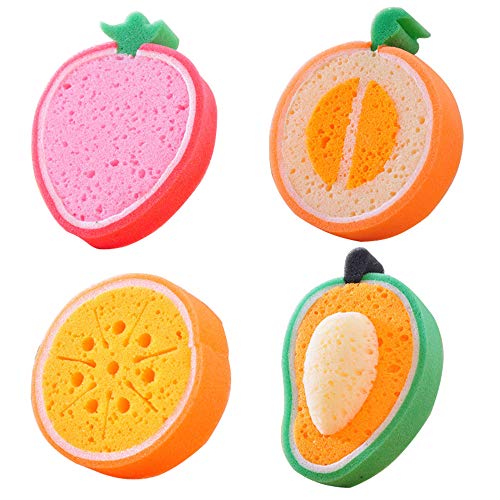 GZQ 4 Pcs Bath Sponge Cute Fruit Shaped Cleaning Sponge Kitchen Clean Tools Soft Foam Shower Scrubbers Sponge for Kids Children