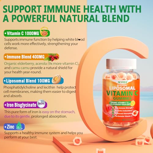 Liposomal Vitamin C 1000mg Gummies for Adults - Vitamin C Chewable with Elderberry, Zinc & 8mg Iron, Sugar Free Vit C Supplements, Daily Immune Support Gummies for Energy, Collagen Booster 60 Counts