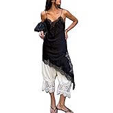 Silk Lace Trim Camisole Tops for Women Satin Layering Asymmetrical Tops Lace Patchwork Cami Tank Slip Dress