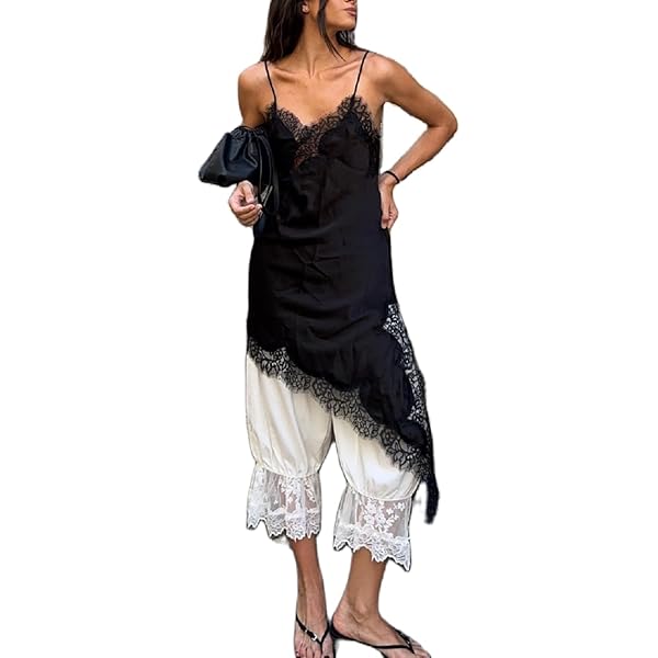 Amazon.com: Women Lace Trim Satin High Low Tops Silk Spaghetti