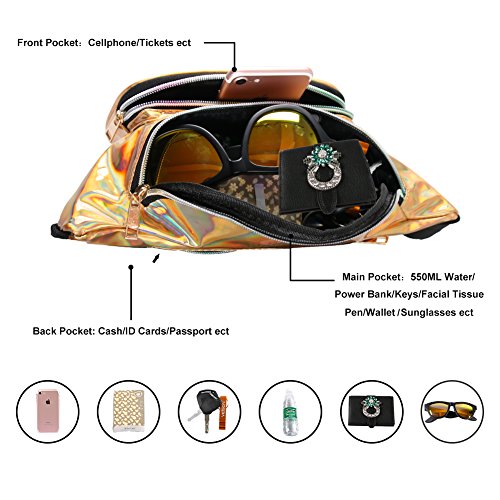 Mum's memory Metallic Hologram Fanny Pack - Outdoor Sport Waist Pack for Running, Hiking, Traveling for Women and Men (Gold)