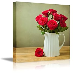 Rose Flower Bouquet in Jug on Wooden Table Wall Decor