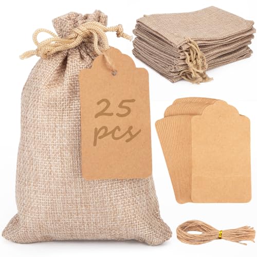 SALLYFASHION 25PCS Burlap Gift Bags With Drawstring, 4x6 Inch Drawstring Bags with Kraft Paper Tags Linen Sack Bags Jewelry Pouches for Christmas Wedding Party Favors DIY Crafts