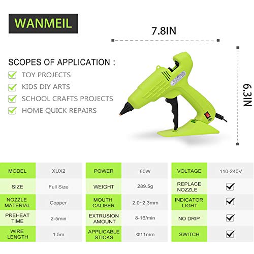 Hot Glue Gun Full Size 60W Heavy Duty Craft Glue Gun with Nozzle & 10Pcs 11 mm Glue Sticks and Hot Melt Glue Gun with Switch for DIY, Arts & Crafts, Home and Office Quick Repairs (green)
