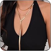 Meztole Chunky Gold Choker Necklace for Women Dainty Lariat Long Herringbone Snake Chain Drop Necklaces,Charm Y Statement Necklace Prom Body Jewelry Accessories Gifts