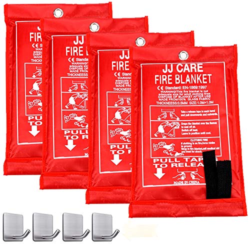 [Pack of 4] Fire Blanket Fire Suppression Blanket Made from Fiberglass Cloth -Suitable for Camping, Grilling, Kitchen Safety, Car and Fireplace Fire Retardant Blanket for Emergency 40″x40″ + Hooks