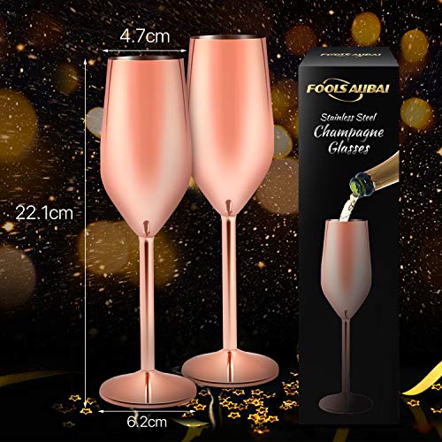 Stainless Steel Copper Champagne Flutes Glass Set of 2, 200ML Unbreakable BPA Free Champagne Wine Glasses for Wedding, Parties and Anniversary (rose gold)