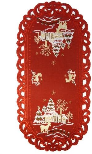 Christmas Tablecloth accessories - Oval 27" (70cm) - Reindeer with Xmas House embroidery