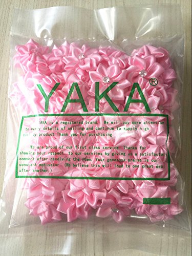 YAKA 60pcs Pink Satin Ribbon Flowers Bows Rose w/Rhinestone Appliques Craft Wedding Ornament 1.1inch