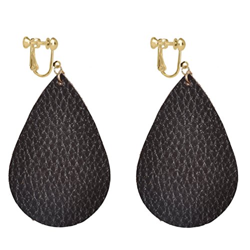 Teardrop Faux Leather Clip on Earrings Dangle Big Drop Antique Looking Handmade Fashion for Women Brown