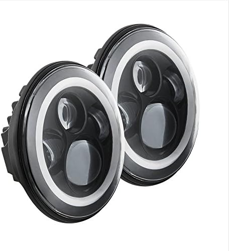 LEDHOLYT 2pcs 7in 30w Black Surface White Color Round CREE LED Jeep Offroad Lamp Car Headlight White Angel Eyes Yellow Turn Signal Ring