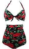 Cocoship Retro Red Rose & Black Floral Halter High Waisted Bikini Vintage Swimwear Swimsuit L(FBA)