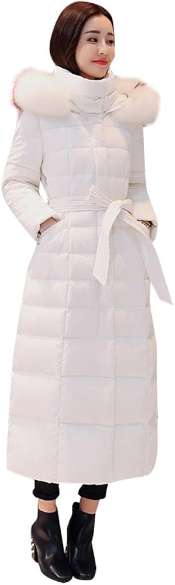 Amazon 冬 ダウンジャケット レディース 大きい毛襟 高品質 超長 ダウンコート アウター フード付き 大きいファー 防寒防寒 暖かい 細身 エレガント キレイめ 女性 防寒コート ホワイト M コート ジャケット 通販