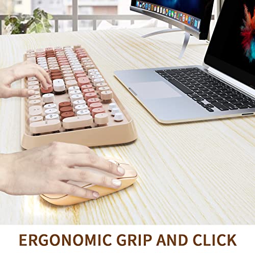 Wireless Keyboard and Mouse Combo, Ergonomic Full Size Typewriter Retro Round Keycaps Keyboard, Compatible with Windows, PC, Perfer for Home and Office Keyboards (Chocolate)