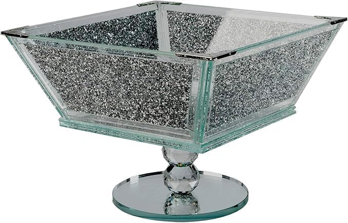 SEGOY Crushed Diamond Crystal Fruit Bowl Extra Large Square Glass Centerpiece Sparkling Silver Chrome Finish Luxury Crushed Diamond Home Décor Bowl for Kitchen, Dining Table & Living Room 22×22×25 cm