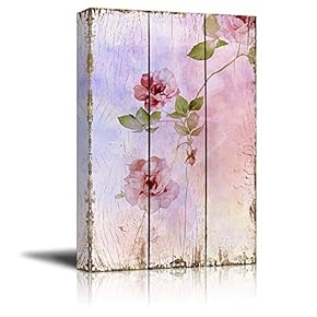 Pink Watercolor Flowers on a Delicate Background Over Wooden Panels - Nature - Canvas Art Home Art - 12x18 inches