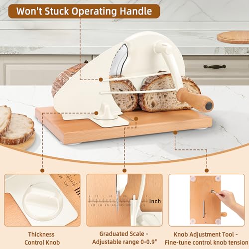 CAWIU Upgraded Manual Bread Slicer for Homemade Sourdough Bread - Adjustable Thickness Bread Cutter with Hand Crank, Suction Cups, Slicing Guide, Scale Line & Cover, for Perfect Even Slices (Cream)